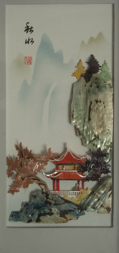 Sea shell painting of mountain pavilion