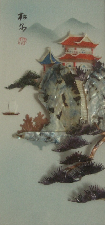 Sea shell painting of a Chinese cliff hanging scene