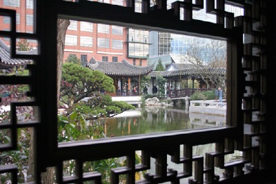 A " framed,"view, taken by photographer Matthew Haughey in Portland's - " Chinese Garden of Awakening Orchids."