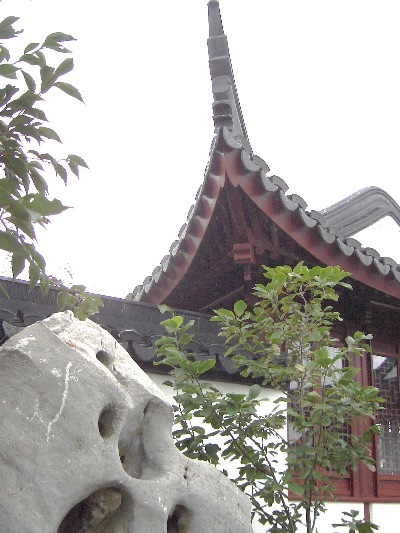 Roof curvature of the side pavilion to the main hall, in the Dunedin Chinese Garden  " Lan Yuan."