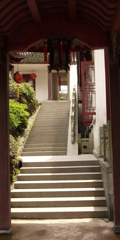 Chinese steps leading up to interesting pavilions.