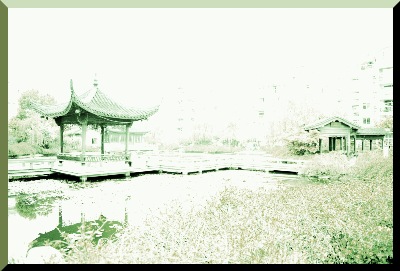 An enhanced image of the same ground level view of the Hangzhou Community Hall Garden; devoid of the residential architecture, in the background.