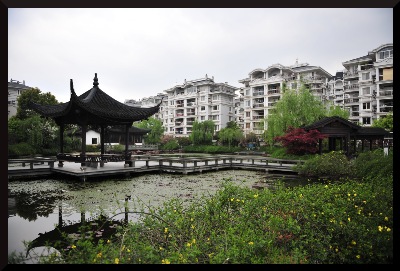 An image at ground level of the Hangzhou Community Hall Garden.