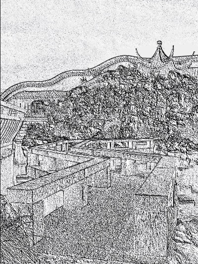 Stylized image of the zig-zag bridge in the Dunedin Chinese Garden " Lan Yuan."