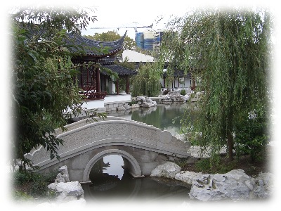 A photo taken from the southern corner of the Dunedin Chinese Garden " Lan Yuan," -  the Chinese pond bridge in foreground and some western construction work being undertaken in the far distance, beyond the garden walls. 