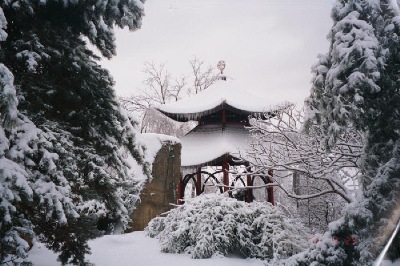 The pavilion in the Schnormeier Chinese Cup Garden, under snow.