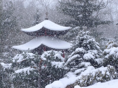 A snow clad pavilion in the Schnormeier Chinese Cup Garden.