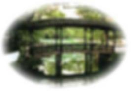 A blurred view of a Chinese garden bridge.