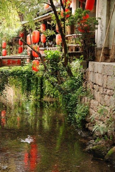 Chinese lanterns colouring the landscape scene, in Yunnan.