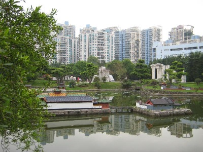 Diminutive landscape of Splendid China, with the Shenzhen Cityscape, behind.