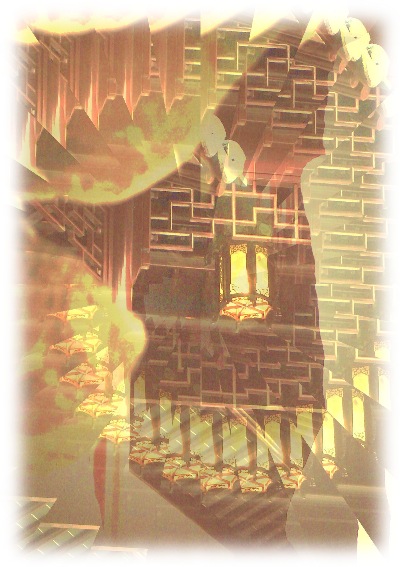An illusory image of a Chinese garden lantern scene.