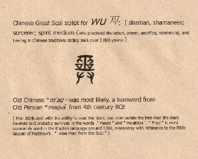 The definition of the Chinese character " Wu," to do with divination practices.