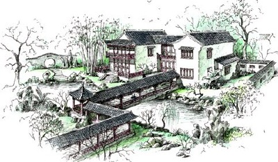 Modern house Chinese garden design concept.
