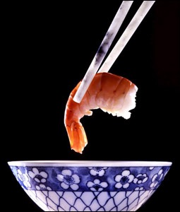 Dining with Chopsticks, retrieving prawn from side bowl