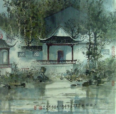 A lanscape painting of a Chinese garden by Professor Hsu Dan